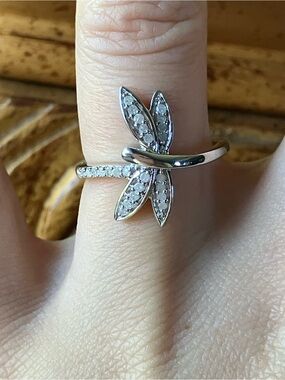 Natural White Diamond Sterling Silver Dragonfly Ring Size 6.75
